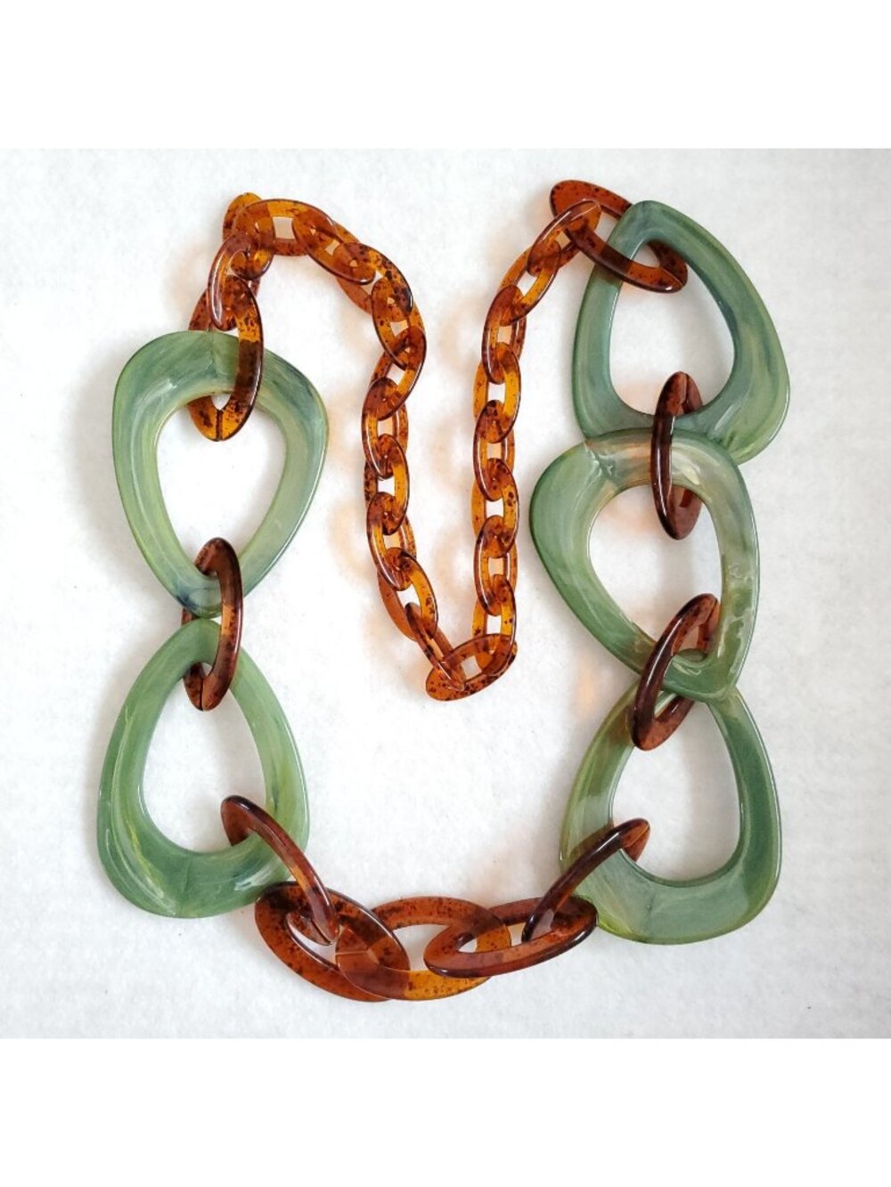 Vintage Chunky Statement Necklace Green Brown Acrylic Geometric Artsy Boho 36"